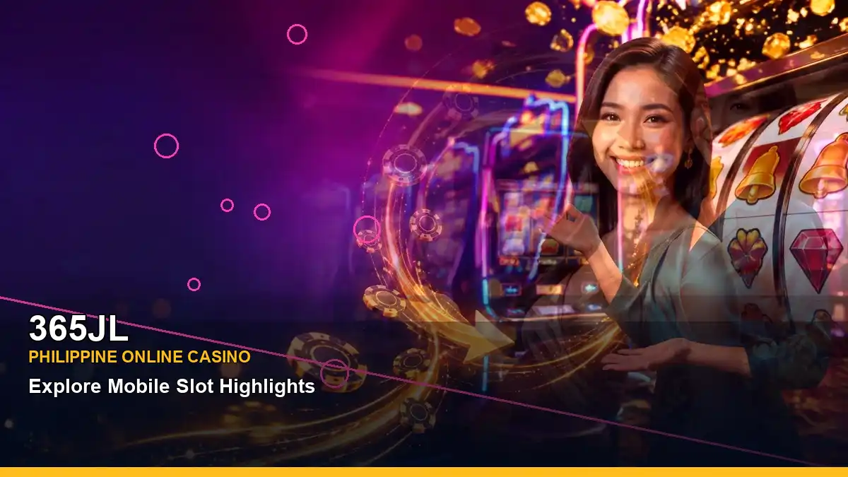 Neon jackpot slots at 365JL with a Filipina casino host in an energetic gaming scene